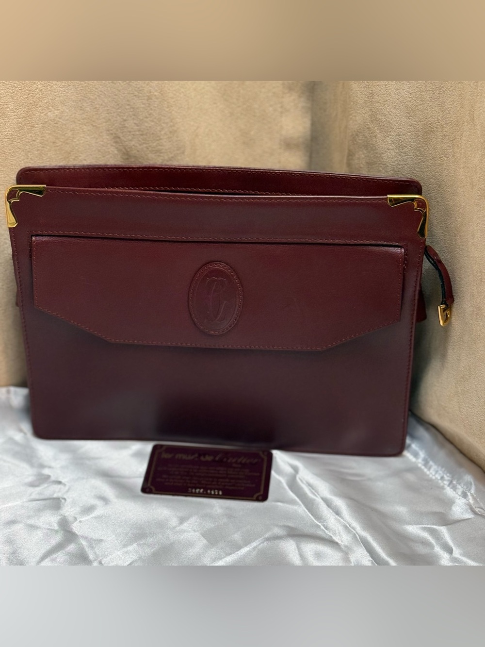 Cartier Must de Cartier Burgundy Leather Envelope Clutch Gold Hardware Vintage